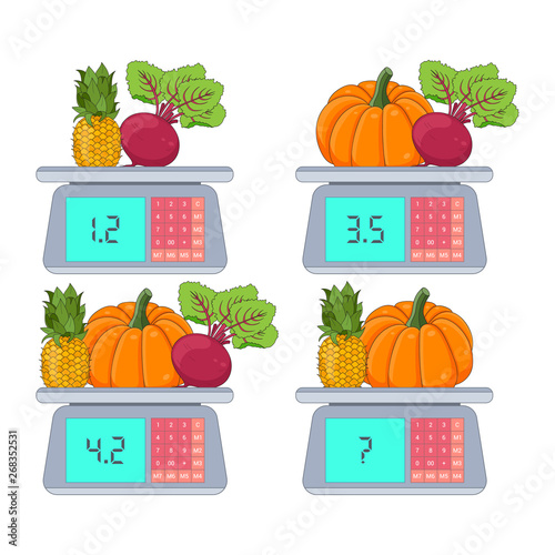 Mathematical Addition Subtraction Puzzle. System of equations. Math game with decimal fractions, education game for kids, school worksheet activity, critical thinking. Scales game with pictures.