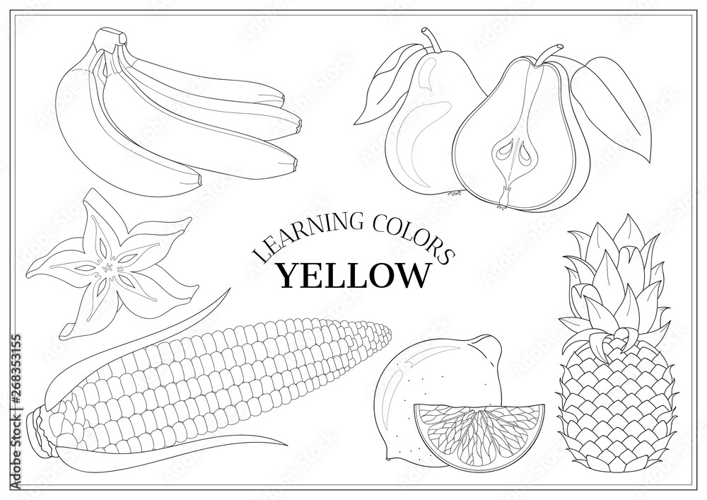 learning colors yellow coloring book page for preschool children with outlines of bananas pears pineapple lemon corn carambola vector illustration for kids education and child development stock vector adobe stock