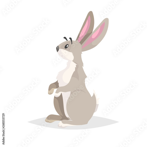 Cute cartoon rabbit stand and listening. Flat comic style farm animal drawing. Easter spring symbol. Vector illustration with shadow isolated on white background.