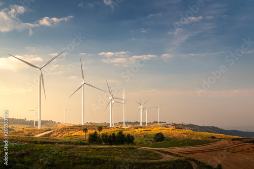 Photography Wind turbines and Orange sunset sky