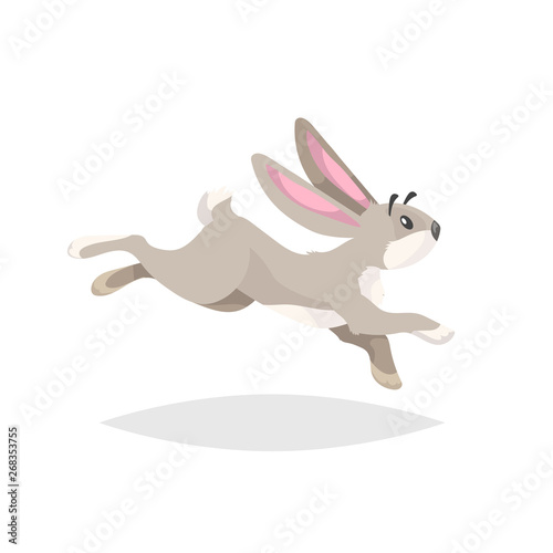 Cute cartoon rabbit running. Flat comic style farm animal drawing. Easter spring symbol. Vector illustration with shadow isolated on white background.