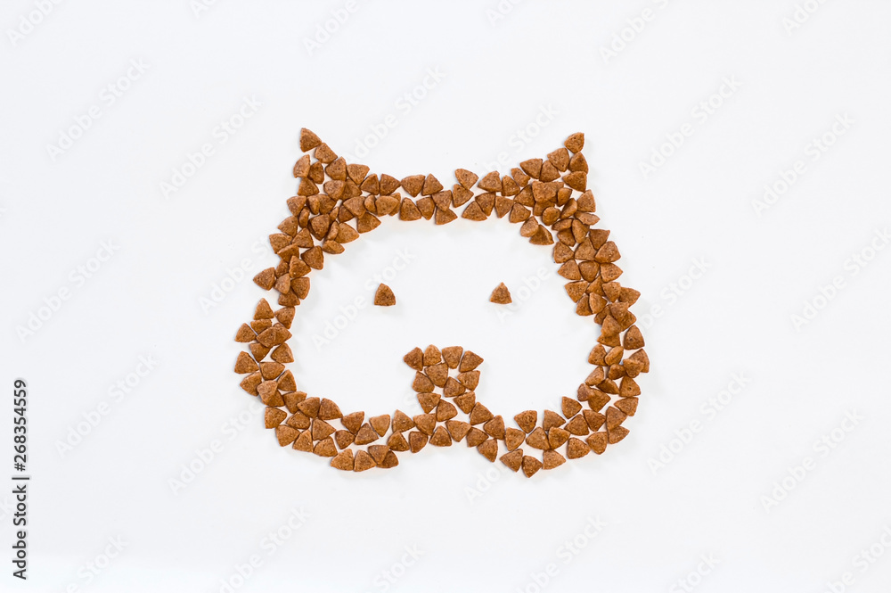 Obraz premium figure of cat head lined with food on a white background