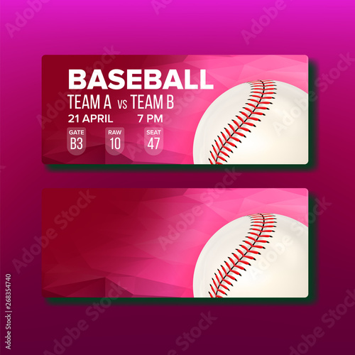 Red Coupon For Visit Baseball Game Template Vector. White Playing Ball, Bar Code And Information Of Gate, Raw And Seat On Bright Ticket For See Baseball Competition. Realistic 3d Illustration