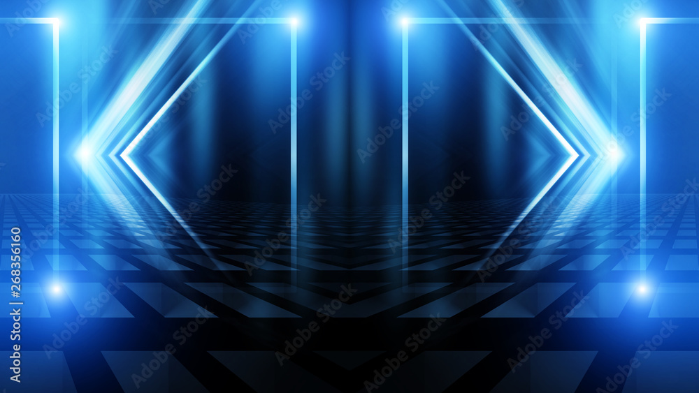 Fototapeta premium Empty background scene. Dark street reflection on the wet pavement. Rays neon light in the dark, neon figures, smoke. Night view of the street, the city. Abstract dark background.
