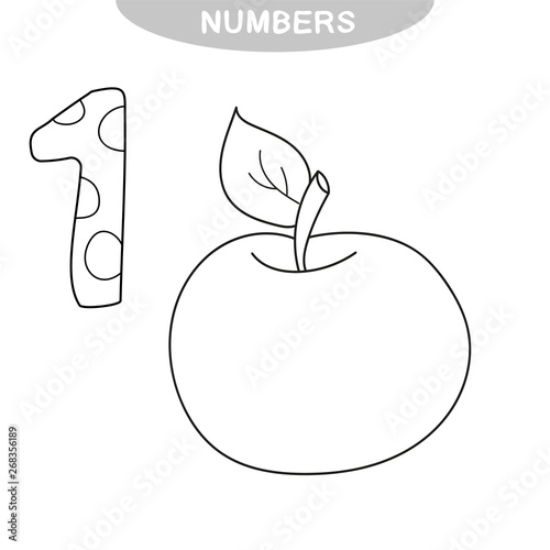 Educational game - Learning numbers. Number one. Coloring book for preschool children. One apple