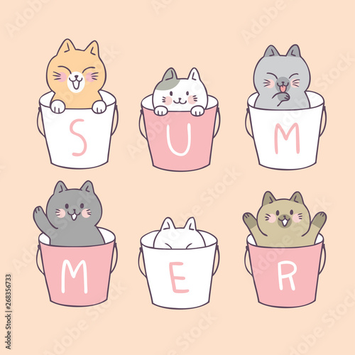 Cartoon cute summer cats and pail vector.