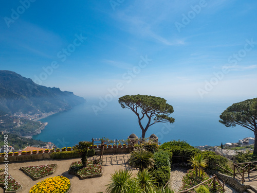 Italy, April 2019: The Villa Rufolo in Ravello has fantastic views down the Amalfi Coast from its gardens and terraces. Wagner wrote some of his operas staying at the Villa Rufolo