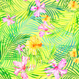 Sunny tropical floral seamless pattern, palm leaves and hibiscus flowers on a yellow background.