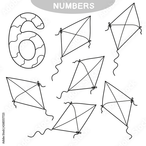 Educational game - Learning numbers. Number Six. Coloring book for preschool children. Six kites