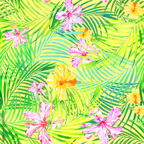 Sunny tropical floral seamless pattern  palm leaves and hibiscus flowers on a yellow background.