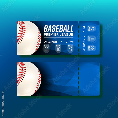 Ticket Tear-off Coupon On Baseball Match Vector. Bright Blue Card Invitation For Visit Baseball Premier League. White Playing Ball With Red Thread At Seams And Venue Details Realistic 3d Illustration