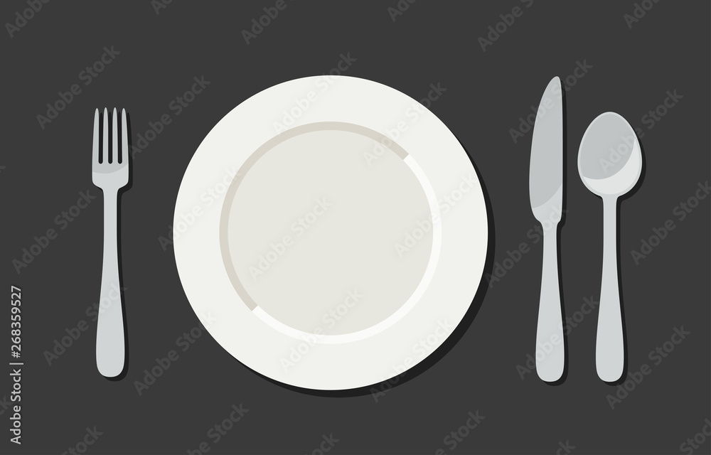 Utensil in flat style. Illustration with plate, knife, fork and spoon Utensil in flat style. Illustration with plate, knife, fork and spoon