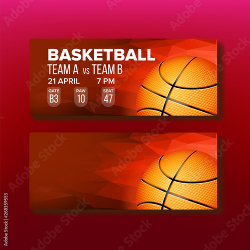 Red Coupon On Basketball Game Template Vector. Modern Bright Ticket For Visit International Basketball Match. Orange Ball With Black Stripes, Gate, Raw And Seat Realistic 3d Illustration