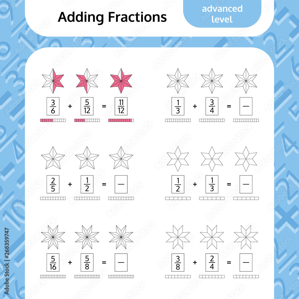 Adding Fractions Mathematical Worksheet. Coloring Book Page. Stars ...