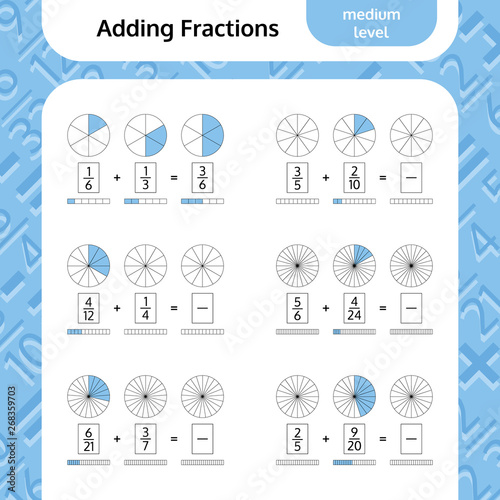 Adding Fractions Mathematical Worksheet. Coloring Book Page. Math Puzzle. Educational Game. Vector illustration.