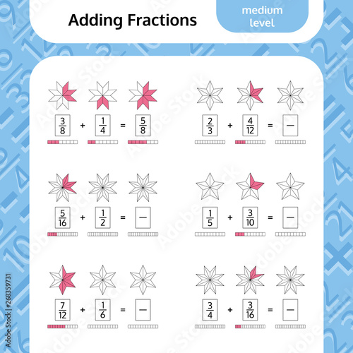 Adding Fractions Mathematical Worksheet. Coloring Book Page. Stars. Math Puzzle. Educational Game. Vector illustration.