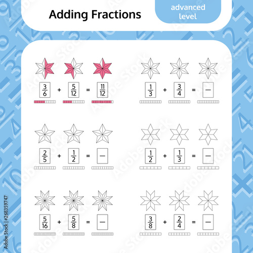 Adding Fractions Mathematical Worksheet. Coloring Book Page. Stars. Math Puzzle. Educational Game. Vector illustration.