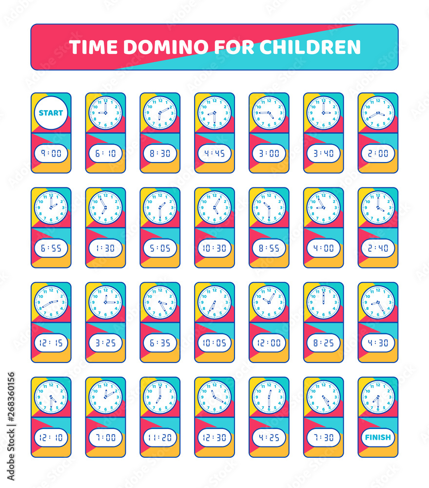 Telling Time Dominoes. Understanding the time on analog and digital clocks. Domino for children. Educational Game. Vector illustration. Telling Time Dominoes. Understanding the time on analog and digital clocks. Domino for children. Educational Game. Vector illustration.