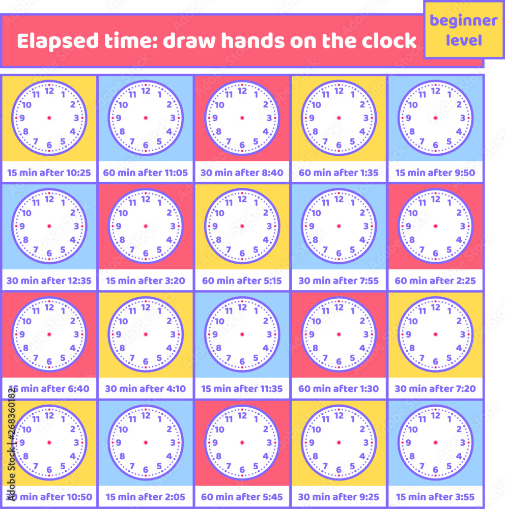 Elapsed time draw hands on the clock worksheet for kids. Addition and