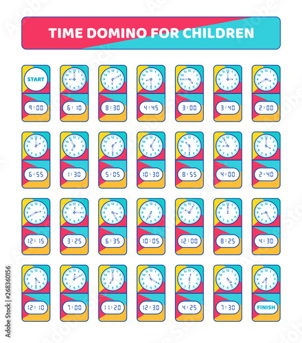 Telling Time Dominoes. Understanding the time on analog and digital clocks. Domino for children. Educational Game. Vector illustration.