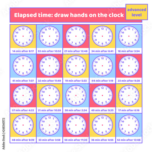 Elapsed time: draw hands on the clock worksheet for kids. Addition and understanding time puzzle. Educational Game Set. Math game. Vector illustration.