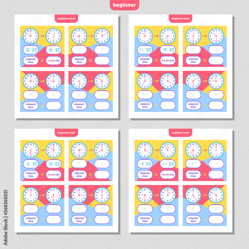 Vecteur Stock Elapsed time and Telling time worksheet for kids. Understanding analog and digital