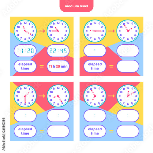 Elapsed time and Telling time worksheet for kids. Understanding analog and digital clocks. Educational Game Set. Math game. Vector illustration.
