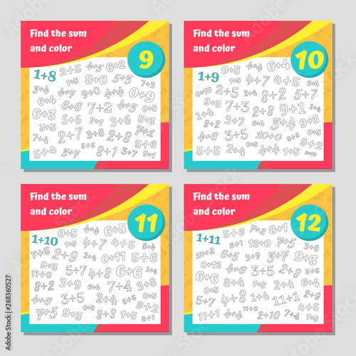 Find the sum and color addition worksheet set. Coloring book page. Math game. Addition, writing and search skills educational exercise. Vector illustration.