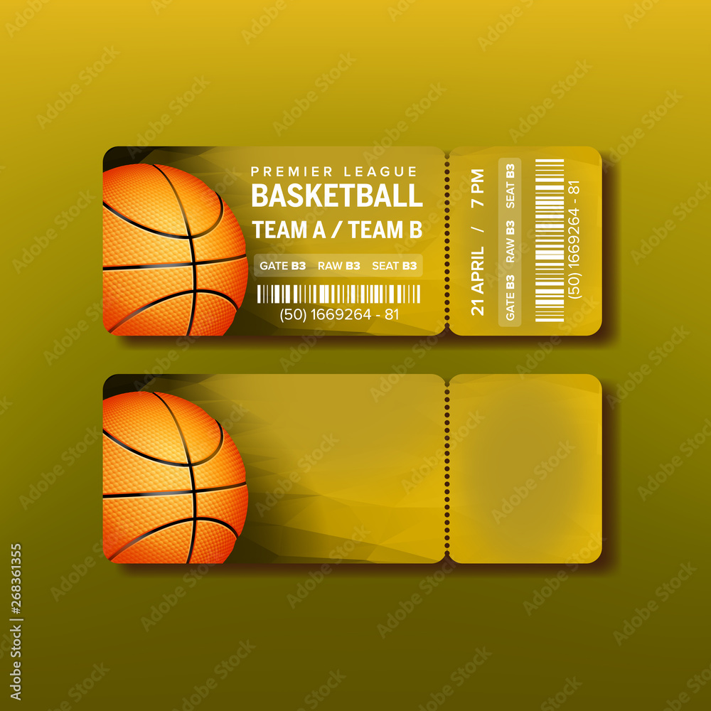 Ticket On Premier League Of Basketball Game Vector. Stylish Design Card For  Visit Basketball Sport Competition With Orange Ball, Barcode And Venue  Details. Realistic 3d Illustration Stock Vector | Adobe Stock
