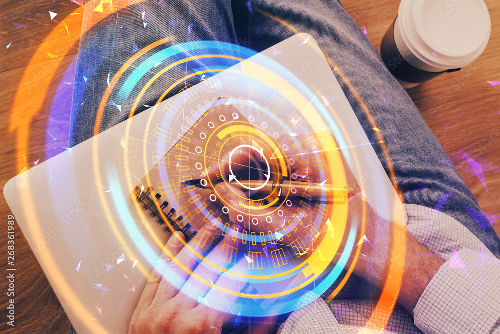 Fototapeta premium Close up of human hands background and abstract innovative technologies for industries. Multi exposure.