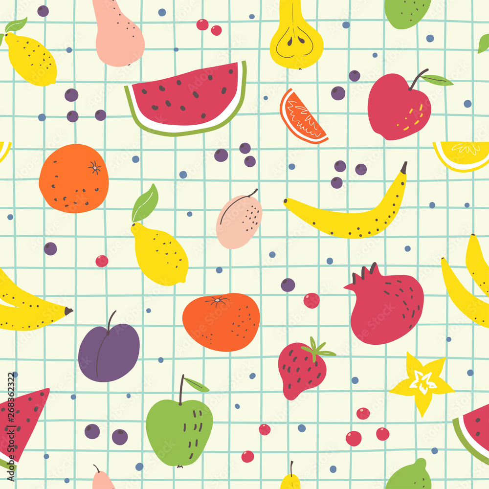 Cartoon fruits hand draw seamless pattern
