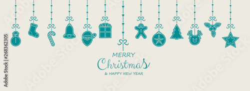 Merry Christmas and Happy New Year - greeting card with hanging ornaments. Vector.