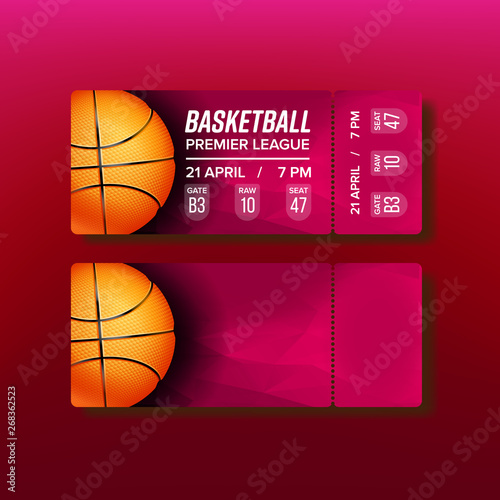 Ticket Tear-off Coupon On Basketball Match Vector. Stylish Card For See Championship Of Basketball Premier League Decorated Orange Playing Ball And Venue Information. Realistic 3d Illustration