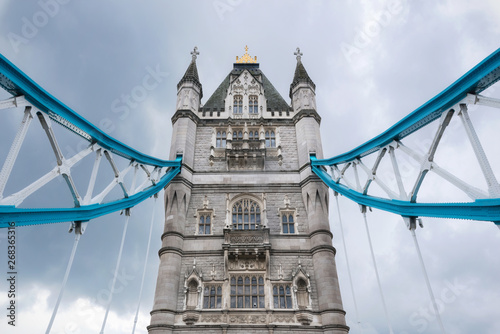 Photography Tower Bridge close up over dramatic cloudy sky .
