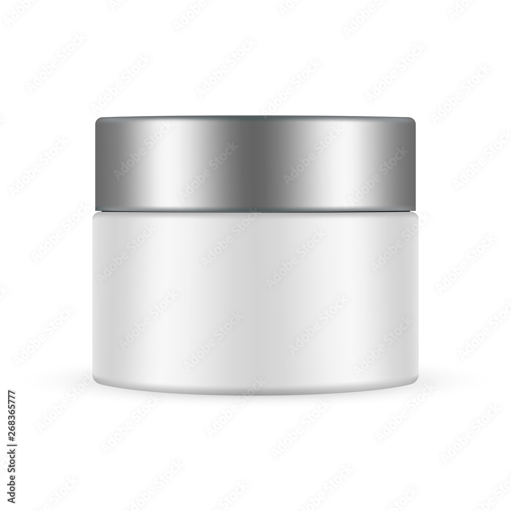 Cosmetic jar with metal cap mockup isolated on white background. Vector illustration