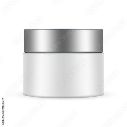 Cosmetic jar with metal cap mockup isolated on white background. Vector illustration