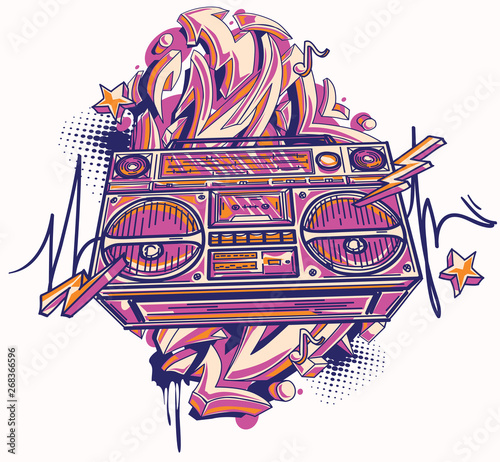 Funky colorful boom box and graffiti arrows