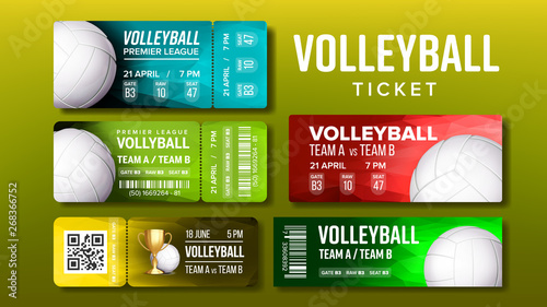 Stylish Design Volleyball Tickets Flyer Set Vector. Collection Of Colorful Bright Tickets With Playing Ball And Information Of Gate, Raw And Seat. Modern Coupons Realistic 3d Illustration