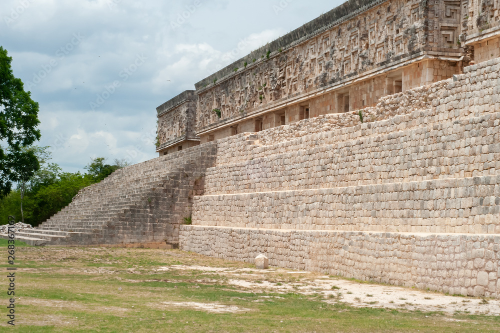 Entrance stairs of a Mayan temple, in the archaeological area of Ek Balam, on the Yucatan peninsula