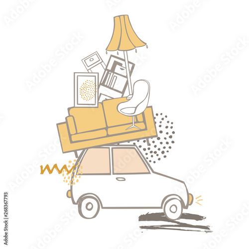 Hand drawn car with furniture. Relocation. Vector sketch  illustration.