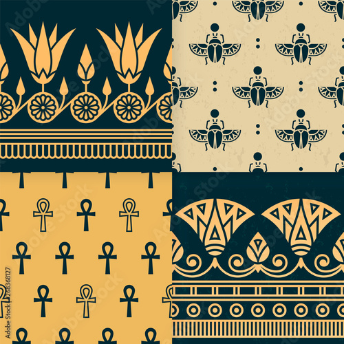 Set of four a seamless vector illustration of Egyptian national ornament with a lotus flower, scarab, ankh on the various background.