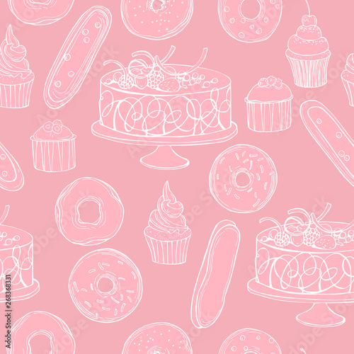 Hand drawn bakery products. Cookies  cakes  donuts.  Vector  seamless pattern