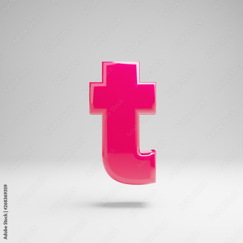 Obraz premium Glossy pink lowercase letter T isolated on white background.