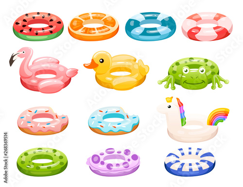 Swim rings set. Inflatable rubber toy. Swimming circles with different textures and shapes. Flat vector illustration isolated on white background