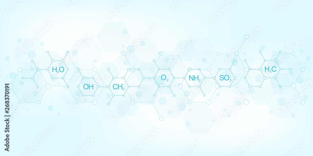 Abstract chemistry pattern on dark blue background with chemical formulas and molecular structures. Science and innovation technology concept. Abstract chemistry pattern on dark blue background with chemical formulas and molecular structures. Science and innovation technology concept.