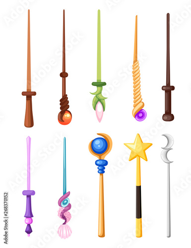 Magic wand set. Fantasy staff collection. Magical equipment for games or cartoons. Flat vector illustration isolated on white background