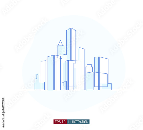 Continuous line drawing of city skyline. Template for your design. Vector illustration.