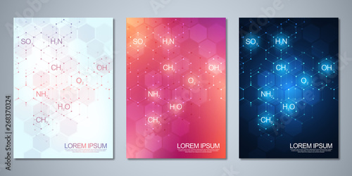 Template brochure or cover with abstract chemistry background of chemical formulas and molecular structures. Science and innovation technology concept.