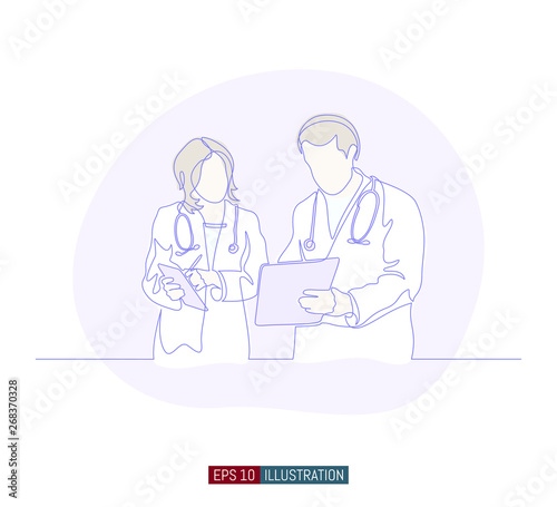 Continuous line drawing of two doctors dialog. Hospital scene. Template for your design works. Vector illustration.
