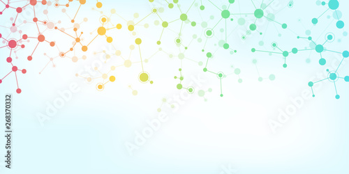 Abstract technology and innovation background with molecular structures and neural network. Molecules DNA and genetic engineering. Technical and scientific concept.